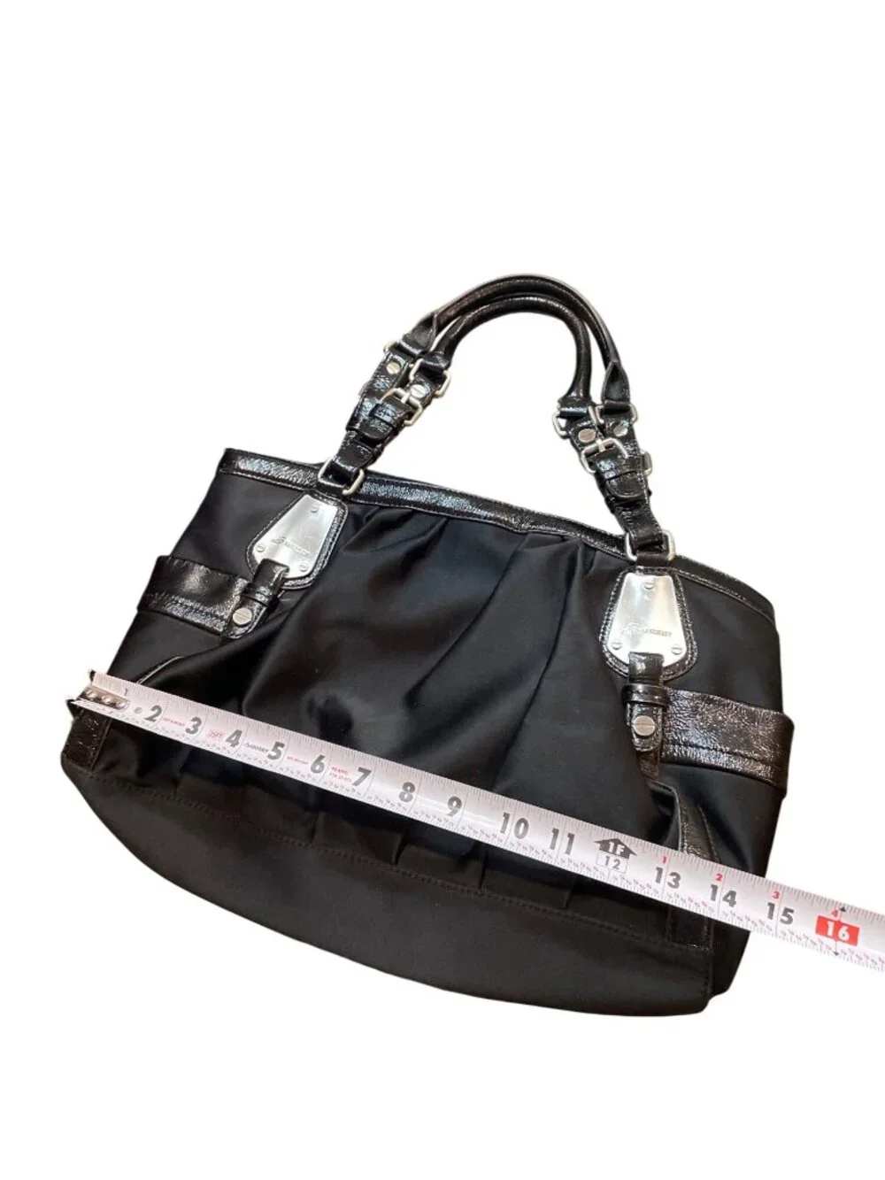 B Makowsky wms Vtg black leather canvas silver hobo shoulder handbag SKU 10537